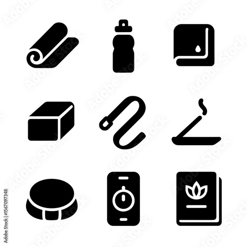 Yoga Session Essentials. Solid, filled icon set of yoga session essentials: yoga mat, water bottle, towel, yoga block, strap,