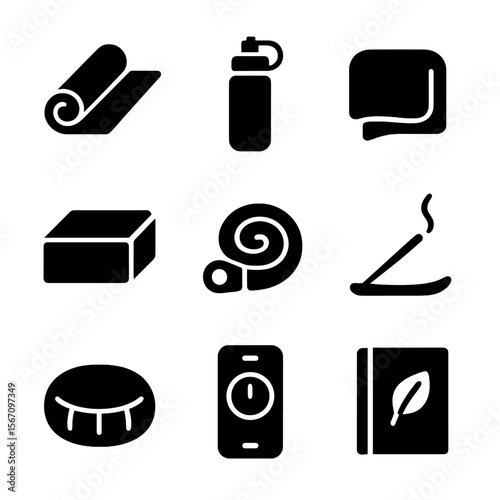 Yoga Session Essentials. Solid, filled icon set of yoga session essentials: yoga mat, water bottle, towel, yoga block, strap,