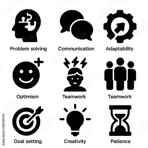 Resilience Skills Icons. Solid, filled icon set of resilience skills: problem solving, communication, adaptability, optimism,