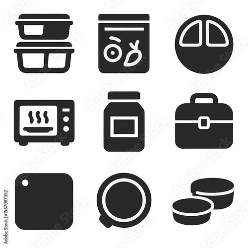 Meal Prep Icons. Solid, filled icons set of meal prep and leftovers: meal containers, freezer bags, portion