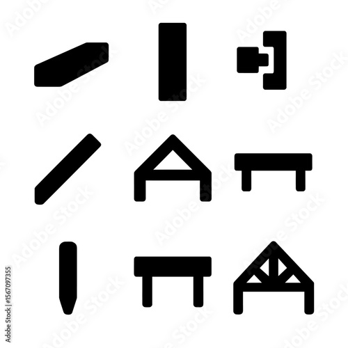 Timber Framing Icons. Solid, filled icon set of timber framing components: beam, post, mortise and tenon joint, brace, rafter,