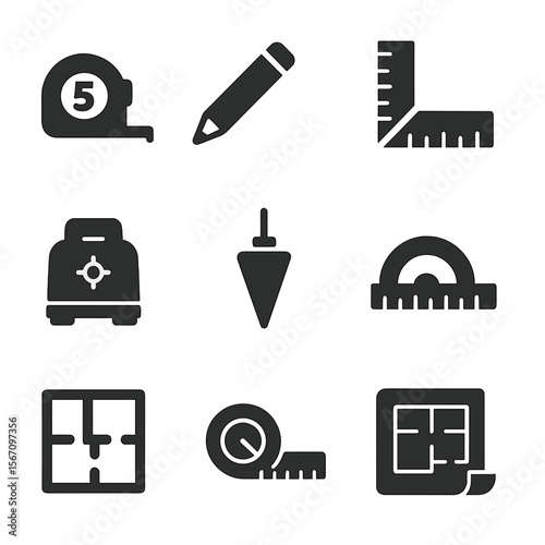 Measuring Tools Icons. Solid, filled icons set of measuring and layout: tape measure, carpenter pencil, chalk