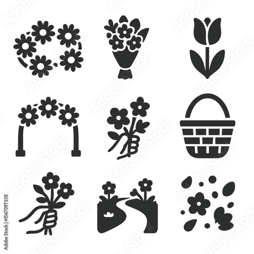 May Day Floral Icons. Solid, filled icons set of May Day floral celebrations: daisy chain, blooming bouquet,