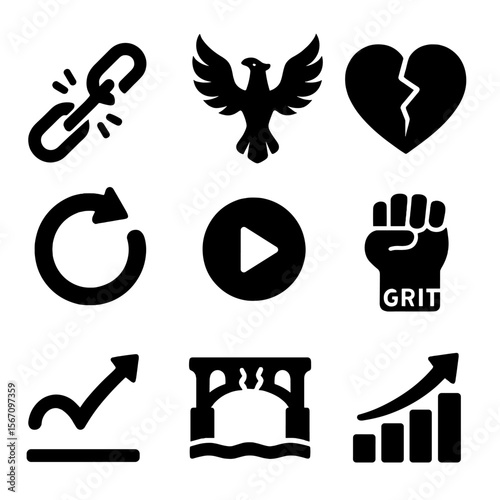 Resilience Icons Collection. Solid, filled icon set of resilience and overcoming failure: broken chain, rising phoenix, cracked