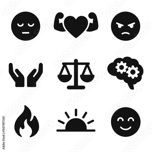 Resilience Icon Set. Solid, filled icon set of resilience emotions: calm face, strong heart, determined eyes, smiling face, open