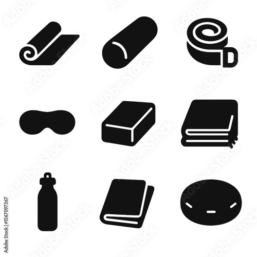 Yoga Accessories Icons. Solid, filled icon set of yoga accessories for health conditions: yoga mat, bolster, yoga strap, block,