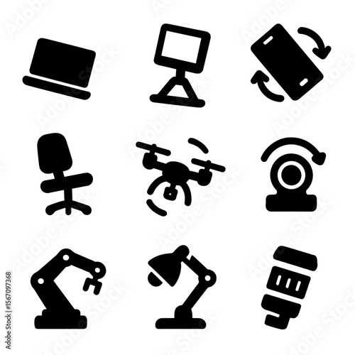 Tilt Technology Icons. Solid, filled icon set of tilt in technology: tilted laptop, adjustable monitor stand, pivoting smartphone,