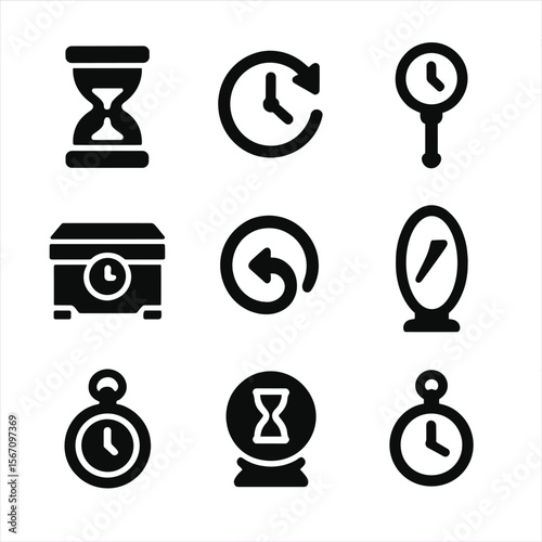 Time Artifact Icons. Solid, filled icon set of time-related artifacts: hourglass of fate, time ring, chronomancer staff,
