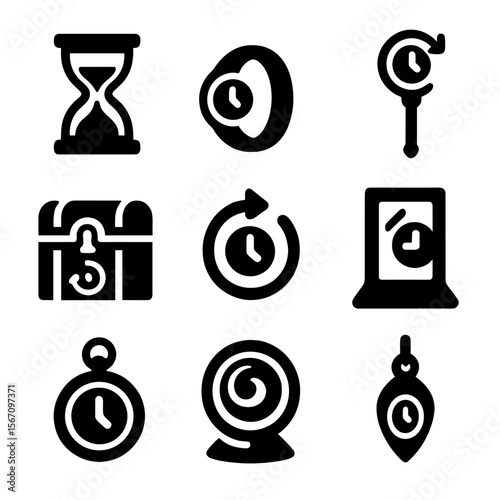 Time Artifact Icons. Solid, filled icon set of time-related artifacts: hourglass of fate, time ring, chronomancer staff,