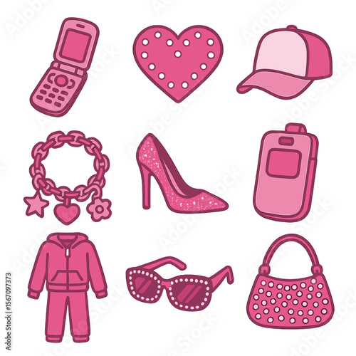 McBling Icon Collection. Solid, filled icons set of McBling fashion: flip phone, rhinestone heart, trucker hat