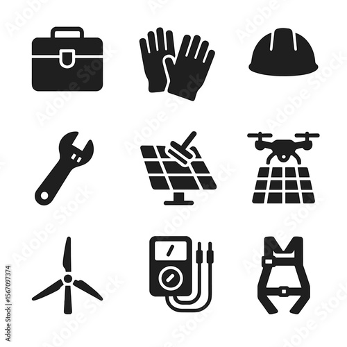 Renewable Energy Icons. Solid, filled icon set of renewable energy maintenance: toolbox, safety gloves, helmet, wrench, solar