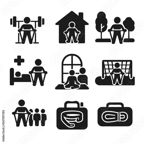 Resistance Band Icon Set. Solid, filled icon set of resistance band training settings: gym, home workout, outdoor park, physical