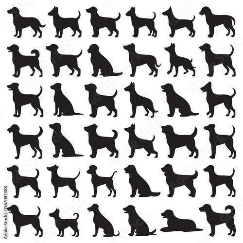 Collection of diverse dog silhouettes in various poses on a white background