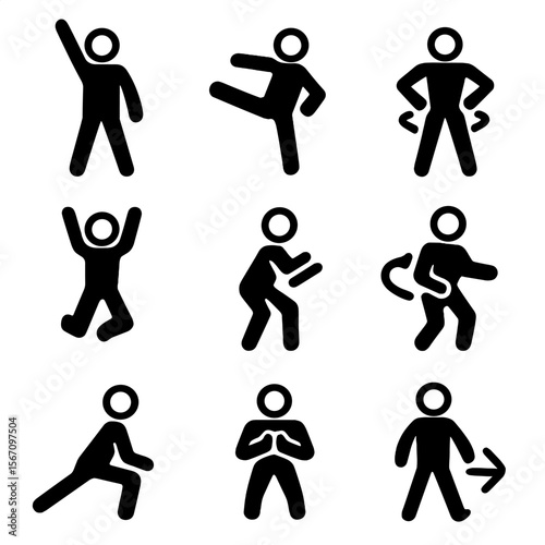 Zumba Moves Icons. Solid, filled icon set of Zumba moves and poses: arm raise, leg kick, hip twist, jump, squat, spin, lunge, clap