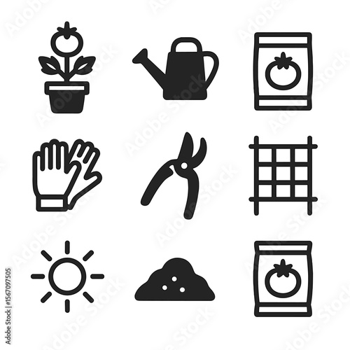 Tomato Cultivation Icons. Solid, filled icon set of tomato cultivation: tomato plant in pot, watering can, tomato seed packet,