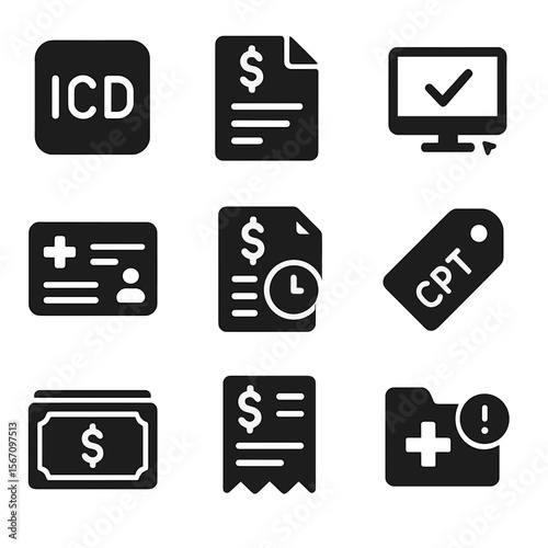 Medical Billing Icons. Solid, filled icons set of medical coding and billing in EHR: ICD code icon, billing