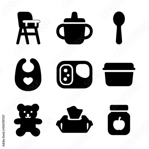 Toddler Mealtime Icons. Solid, filled icon set of toddler mealtime: high chair, training cup, toddler spoon, bib, snack tray, food