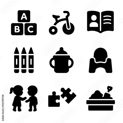 Toddler Milestones Icons. Solid, filled icon set of toddler milestones: building blocks, tricycle, storybook, coloring crayons,