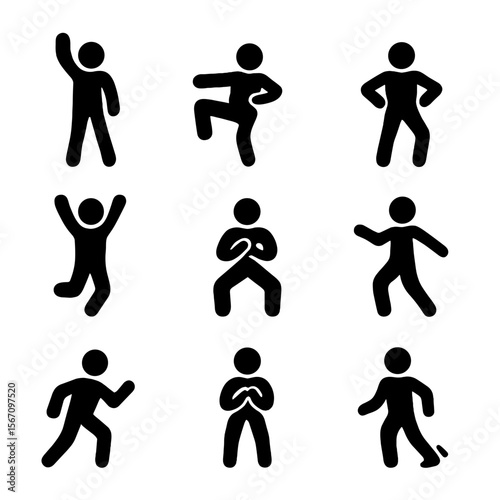 Zumba Moves Icons. Solid, filled icon set of Zumba moves and poses: arm raise, leg kick, hip twist, jump, squat, spin, lunge, clap
