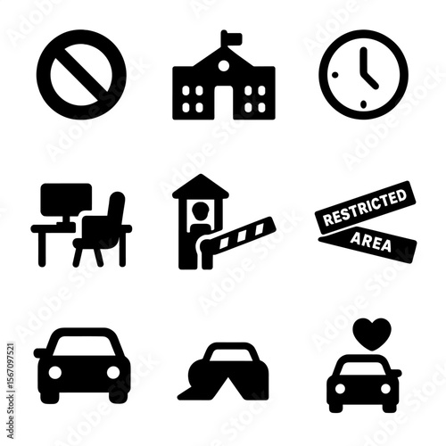 Restricted Icons Grid. no entry sign, closed school, curfew clock, remote work desk, border checkpoint, restricted area tape,