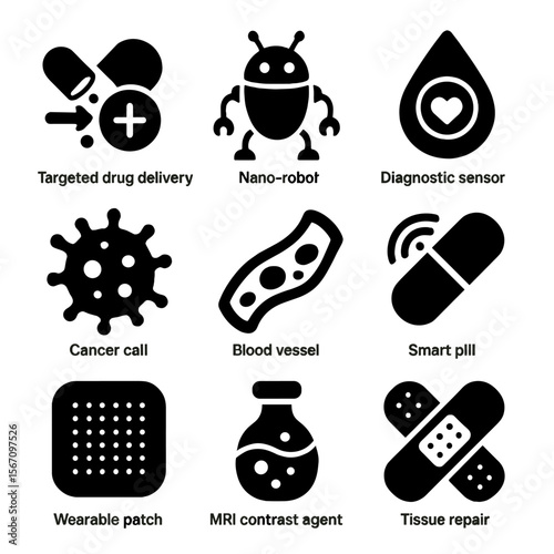 Medical Nanotech Icons. Solid, filled icons set of medical nanotech applications: targeted drug delivery, nano