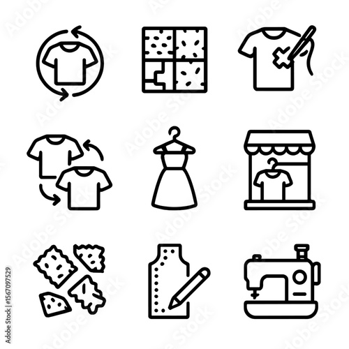 Zero Waste Fashion Icons. Solid, filled icon set of zero waste fashion concepts: upcycling, patchwork, repair, swap event, rental
