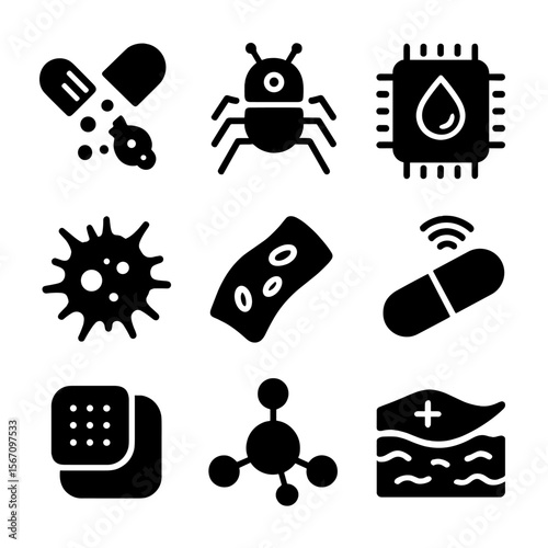 Medical Nanotech Icons. Solid, filled icons set of medical nanotech applications: targeted drug delivery, nano
