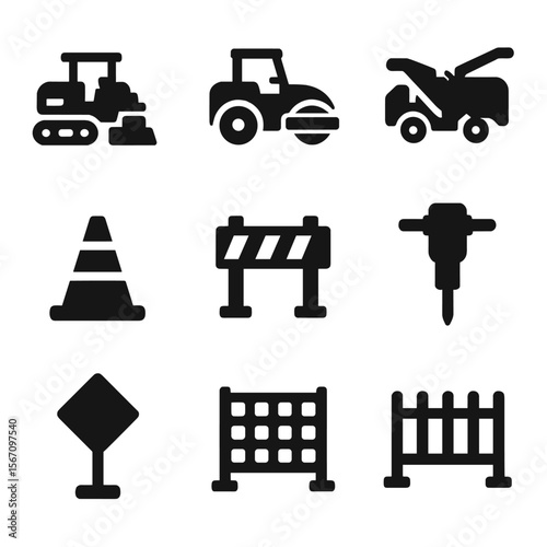 Road Construction Icons. Solid, filled icon set of road construction machines: asphalt paver, steamroller, road milling machine,