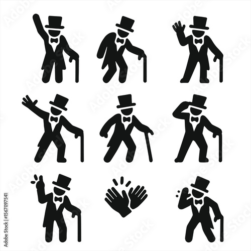 Ringmaster Gesture Icons. Solid, filled icon set of ringmaster gestures: raised arm, stage bow, hand wave, cane point, dramatic