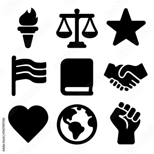 Revolutionary Icons Grid. Solid, filled icon set of revolutionary ideals: liberty torch, scales of justice, star, flag, book,