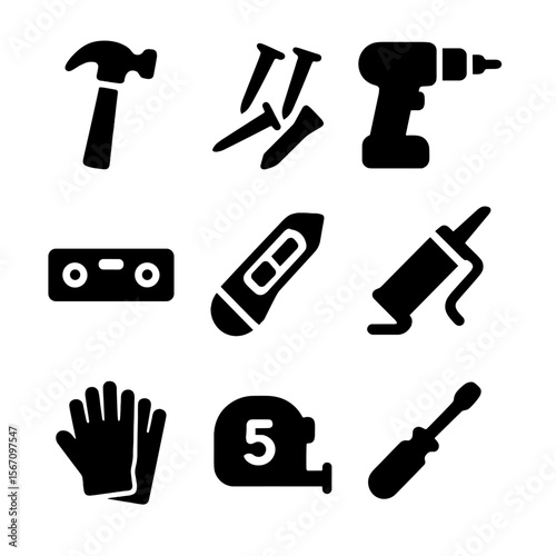 Tool Icon Grid. Solid, filled icon set of tools and equipment: hammer, nails, power drill, level, utility knife, caulk,