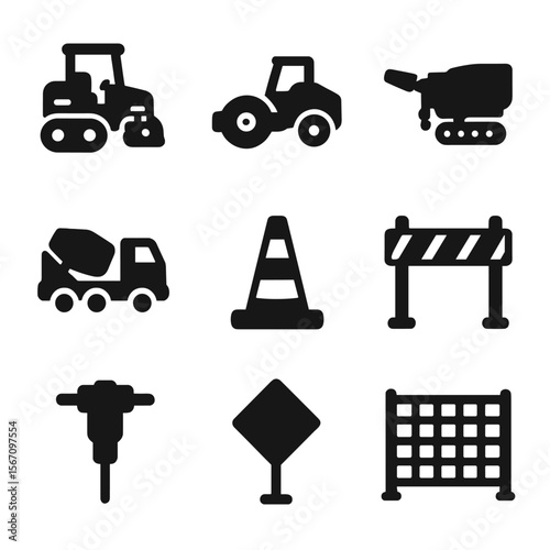 Road Construction Icons. Solid, filled icon set of road construction machines: asphalt paver, steamroller, road milling machine,