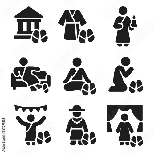 Robe and Sandal Icons. Solid, filled icon set of robe and sandal usage occasions: temple visit, casual wear, ceremony, lounging,