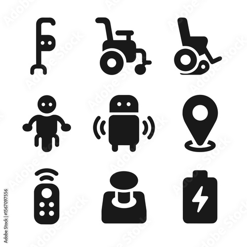 Robotic Mobility Devices. Solid, filled icon set of robotic mobility aids: walking cane robot, robotic wheelchair, stair climbing