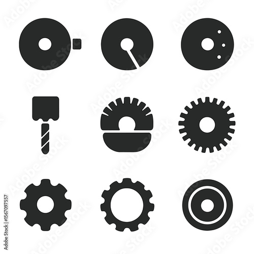 Tool Wheel Icons. Solid, filled icon set of tool wheels: grinding wheel, cutting wheel, sanding wheel, drill bit wheel, wheel