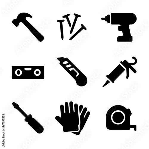 Tool Icon Grid. Solid, filled icon set of tools and equipment: hammer, nails, power drill, level, utility knife, caulk,