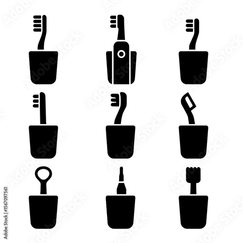 Toothbrush Icon Set. Solid, filled icon set of toothbrush types stored in holders: manual toothbrush, electric toothbrush, kids’