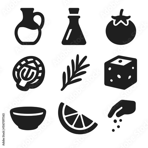 Mediterranean Cuisine Icons. Solid, filled icons set of Mediterranean cuisine prep: olive oil jar, balsamic