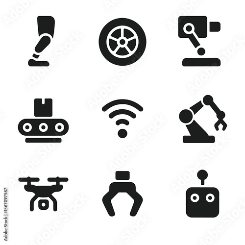 Robotics Icon Grid. Solid, filled icon set of robotics and automation movement: robotic leg, motorized wheel, servo arm, conveyor