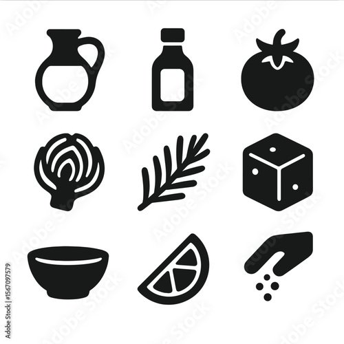 Mediterranean Cuisine Icons. Solid, filled icons set of Mediterranean cuisine prep: olive oil jar, balsamic