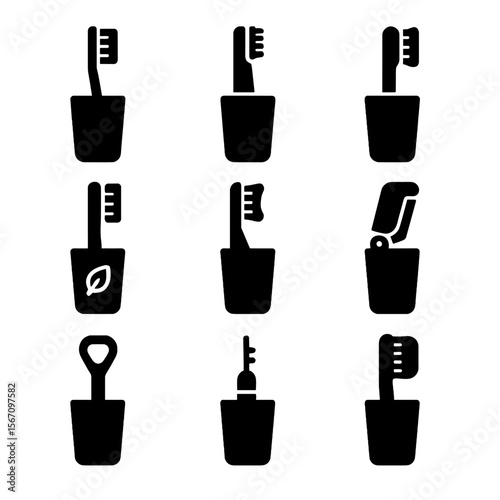 Toothbrush Icon Set. Solid, filled icon set of toothbrush types stored in holders: manual toothbrush, electric toothbrush, kids’