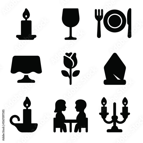 Romantic Dinner Icons. Solid, filled icon set of dinner by candlelight: lit candle, wine glass, dinner plate, fork and knife,