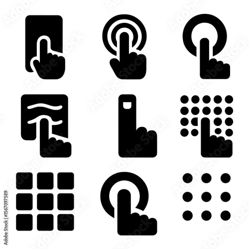 Touch Technology Icons. Solid, filled icon set of touch-based technology: touchscreen panel, capacitive sensor, touch ring, haptic