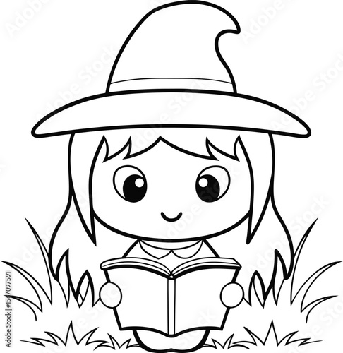cute witch reading spellbook  add grass and a tree.eps