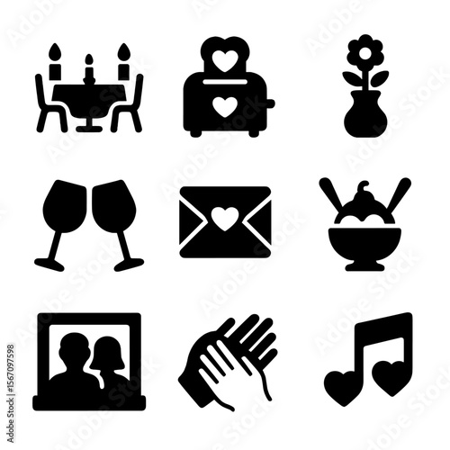 Romantic Icon Set. Solid, filled icon set of romantic home moments: candlelight dinner, heart toast, flower vase, wine glasses,