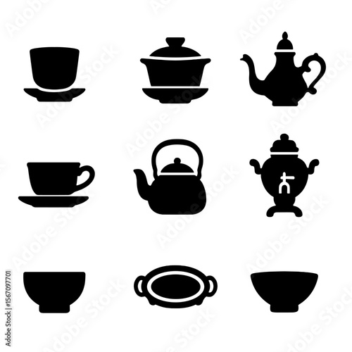 Traditional Tea Icons. Solid, filled icon set of traditional tea rituals: Japanese teacup, Chinese gaiwan, Moroccan teapot,
