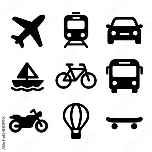 Transport Icons Grid. Solid, filled icon set of modes of transport: airplane, train, car, boat, bicycle, bus, motorcycle, hot air