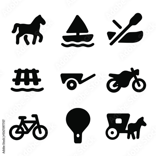 Transport Icons Grid. Solid, filled icon set of modes of transport: horse, boat, canoe, raft, cart, motorcycle, bike, hot air