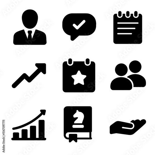 Mentorship Icon Set. Solid, filled icons set of mentorship and guidance: mentor figure, advice speech bubble,