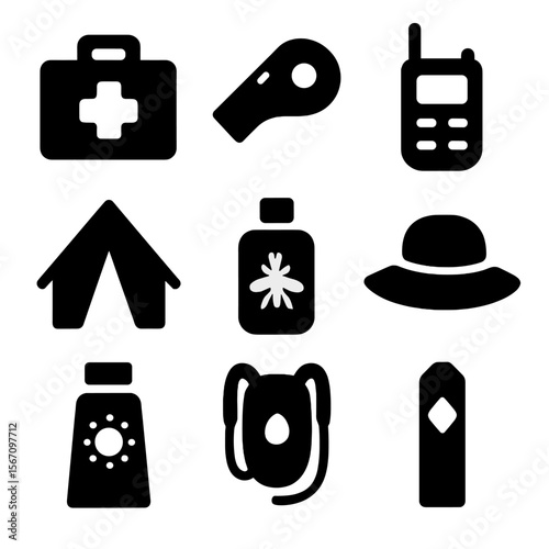Trail Safety Icons. Solid, filled icon set of trail safety and health: first aid kit, whistle, walkie-talkie, emergency shelter,